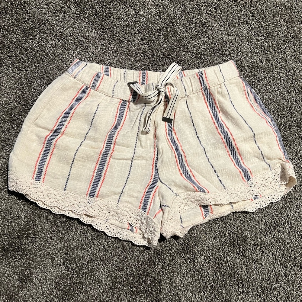 Aerie Linen Striped Lace Hem High Waist Shorts